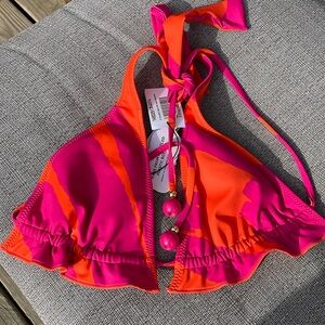 NWT fuscia pink orange ruffled adjustable string halter bikini top sanctuary